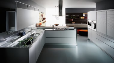 view of this kitchen with a simple, flush countertop, cuisine classique, interior design, kitchen, product design, room, black, gray