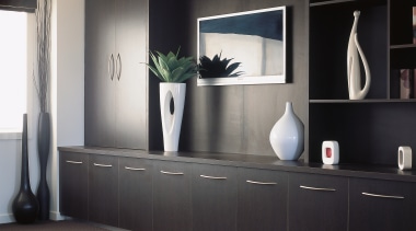 view of the custom unit wall cabinets - flooring, furniture, interior design, shelving, gray, black