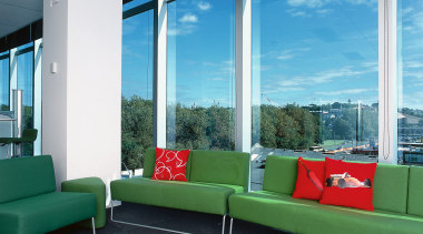 View of office with green sofas, red cushions, architecture, interior design, real estate, window, teal