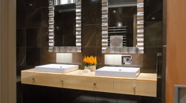 view of the bathroom vanity and stainless faucetry, bathroom, cabinetry, countertop, interior design, kitchen, room, sink, black, brown