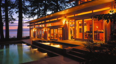 view of the house designed by brian hemmingway architecture, estate, evening, home, house, landscape lighting, lighting, night, real estate, reflection, sky, black