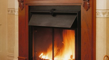 A view of a wooden fireplace surrounded with fire screen, fireplace, hearth, heat, home appliance, wood burning stove, brown