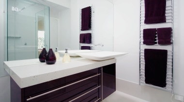 view of this bathroom showing blood red vainty bathroom, bathroom accessory, bathroom cabinet, floor, interior design, product design, room, sink, gray, white