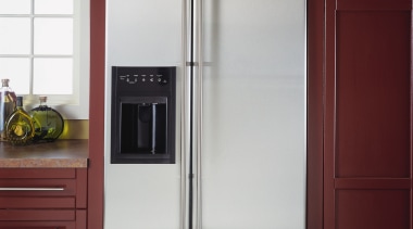 An example of attractive and practical fridges and cabinetry, home appliance, kitchen, kitchen appliance, major appliance, product, refrigerator, red, gray