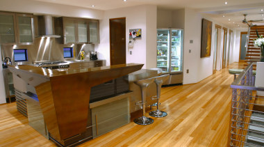 View of kitchen with timber, stainless steel and countertop, floor, flooring, hardwood, interior design, kitchen, room, wood, wood flooring, brown