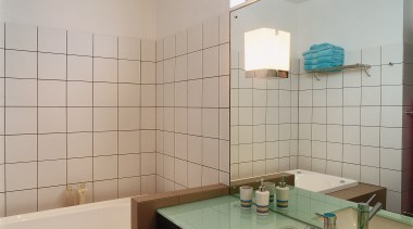 view of the bathroom that recieves an abundance bathroom, daylighting, floor, interior design, product design, room, sink, tile, gray