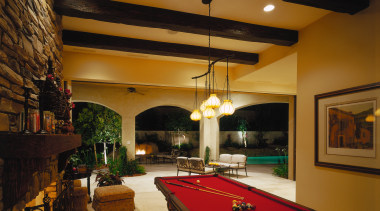 view of the french limestone tiles used in billiard room, billiard table, ceiling, estate, home, interior design, living room, real estate, recreation room, room, table, brown, black