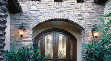 view of this timber arch front door designed arch, architecture, building, cottage, courtyard, estate, facade, home, house, mansion, outdoor structure, property, real estate, residential area, roof, window, black