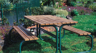 Timber and tubular steel outdoor table and chairs. backyard, bench, furniture, garden, outdoor furniture, outdoor structure, table, yard, green, black