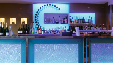 View of bar with blue and patterned glass bar, blue, display device, function hall, interior design, lighting, purple, restaurant, blue, teal