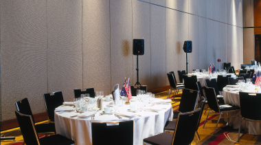 Hotel function room with round tables, black chairs, banquet, conference hall, function hall, interior design, restaurant, table, tableware, gray, black