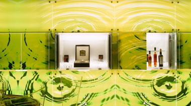 Dining room with green feature wall. - Dining ceiling, green, interior design, wall, wallpaper, yellow, yellow, brown