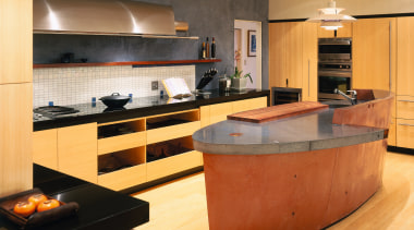 A view of akitchen, wooden cabinetry and flooring, cabinetry, countertop, cuisine classique, floor, flooring, hardwood, interior design, kitchen, room, orange