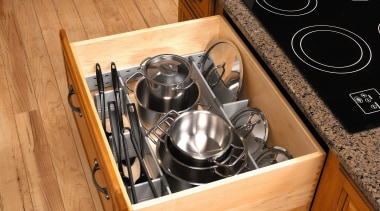 view of the blum's orga-lines drawers that offer countertop, drawer, floor, flooring, furniture, hardwood, kitchen, product design, table, wood, orange, brown