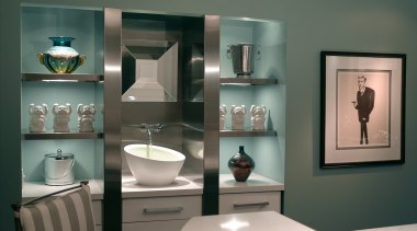 view of the colourless master bedroom featuring vinyl bathroom, bathroom accessory, furniture, home, interior design, product, product design, room, shelf, shelving, gray, black