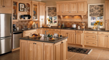 A view of a kitchen, brown tiled floor, cabinetry, countertop, cuisine classique, floor, flooring, hardwood, interior design, kitchen, room, wood flooring, brown, orange