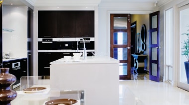 A view of the kitcyhen area, cream tiled interior design, kitchen, living room, room, white