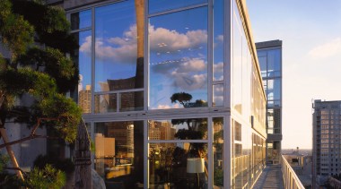 An exterior vie wof the home, large glass architecture, building, facade, home, house, real estate, reflection, residential area, sky, window, black