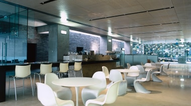 view of the clean cafe seating area situated architecture, ceiling, chair, furniture, interior design, lobby, office, product design, table, gray