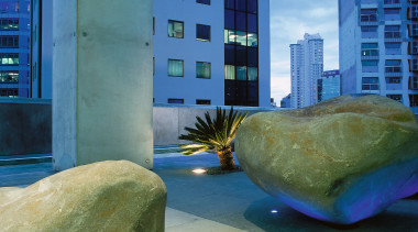 singer specified led lights to illuminate the bottom architecture, blue, condominium, sky, water, blue