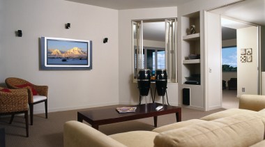 A view of a entertainment centre from Bose. ceiling, interior design, living room, property, real estate, room, suite, gray