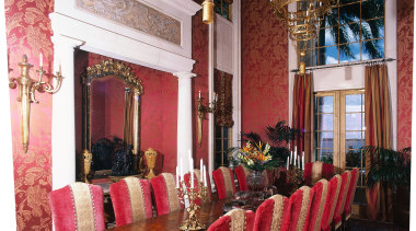 view of the formal dining room featuring antique chair, dining room, function hall, furniture, home, interior design, living room, room, table, wall, red