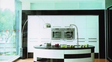 view of this kidney shaped island finished in countertop, interior design, kitchen, white, teal