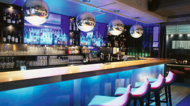 A view of the interiors created by Modulink. bar, function hall, interior design, restaurant, blue, black