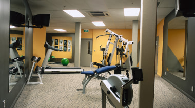 A view of the equipment used in the exercise machine, gym, room, structure, gray, black