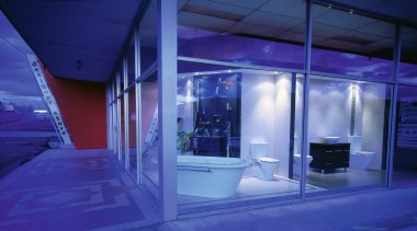 An exterior view of the showroom. - An architecture, blue, ceiling, glass, interior design, light, lighting, tourist attraction, blue