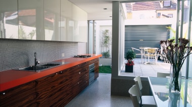 A view of a kitchen, polished concrete floor, architecture, countertop, interior design, kitchen, room, gray