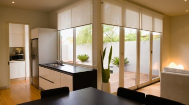 A view of the kitchen and dining areas, architecture, ceiling, interior design, real estate, room, window, brown