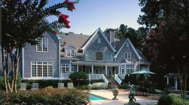 An exterior view of the entire pool and cottage, estate, farmhouse, historic house, home, house, landscape, landscaping, mansion, neighbourhood, outdoor structure, plant, property, real estate, residential area, roof, siding, suburb, tree, window, black