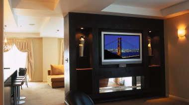 A view of the audio visual equipment used ceiling, entertainment, fireplace, flooring, interior design, living room, real estate, room, wall, black