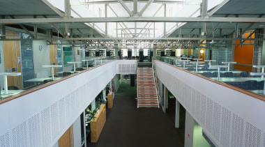 A view of the two levels in the architecture, daylighting, metropolitan area, office, white, gray