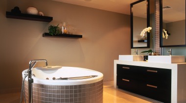 A view of a bathroom, tiled floor, brown bathroom, floor, flooring, interior design, room, brown, orange