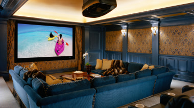 Home theater with blue sofas, large screen, and ceiling, interior design, room, black