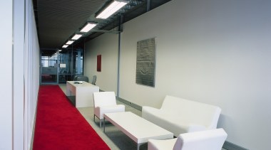 A view of the hallway in the office, architecture, ceiling, daylighting, furniture, interior design, office, product design, table, gray