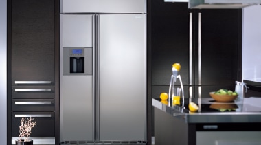 Large stainless steel side by side refrigerator set home appliance, interior design, kitchen, kitchen appliance, major appliance, product design, refrigerator, black, gray