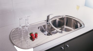 Closeup of kitchen sink with drainer and double bathroom sink, hardware, plumbing fixture, product design, sink, tap, white, gray