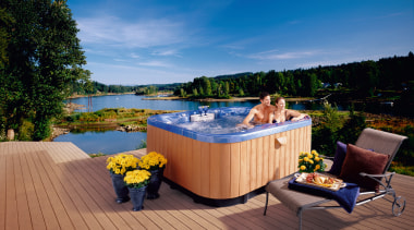 spa cabinets made from luctites timberstone surround  backyard, deck, home, hot tub, leisure, outdoor structure, property, real estate, resort, swimming pool