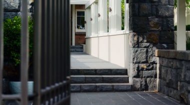 A view of the landscaping done by Space floor, outdoor structure, walkway, black, gray