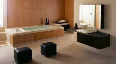 a coordinated bathroom suite from kohler can add floor, flooring, furniture, hardwood, interior design, laminate flooring, living room, product design, room, table, tile, wood, wood flooring, brown