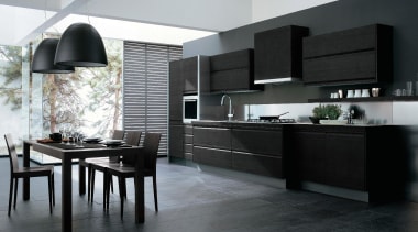 Kitchen and dining area with dark gray cabinetry, countertop, cuisine classique, floor, flooring, interior design, kitchen, tile, black, gray