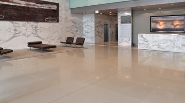 Large office foyer with natural marble cladding and floor, flooring, interior design, lobby, property, tile, wood flooring, gray