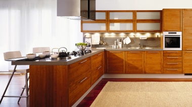 Kitchen with timber cabinetry, frosted overhead panels and cabinetry, countertop, cuisine classique, floor, flooring, furniture, hardwood, interior design, kitchen, room, wood, wood flooring, white