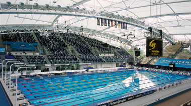 View of MSAC competition pool with curved PVC arena, leisure, leisure centre, recreation, sport venue, sports, stadium, structure, swimming pool, water, white