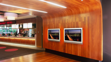 Two plasma tv screens mounted on timber wall architecture, ceiling, floor, flooring, hardwood, interior design, lobby, wall, wood, wood flooring, brown, orange