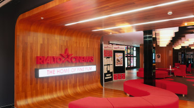 Rialto Cinema lobby with wood panelling and flooring, architecture, ceiling, flooring, interior design, lobby, wood, red