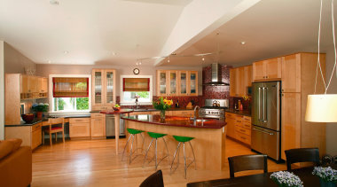 View of large open plan kitchen with timber countertop, interior design, kitchen, living room, real estate, room, brown, white, orange